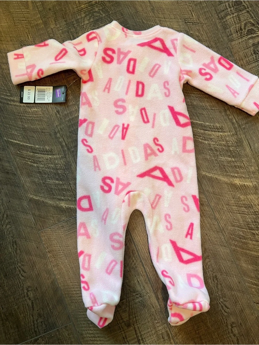 adidas Pink Fleece Footed One-Piece with Logo Print